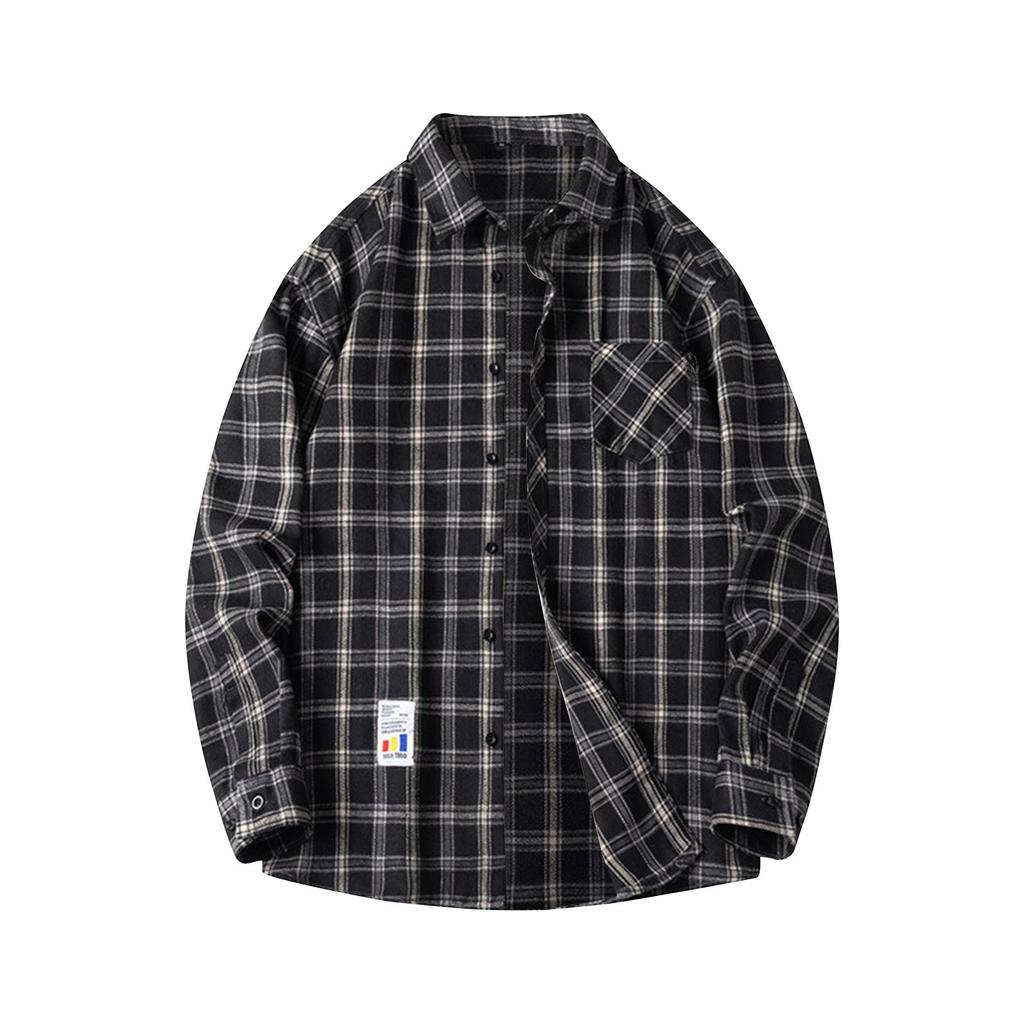 Мужская весенняя клетчатая модная свободная рубашка с заниженной линией плеч и воротником-стойкой, длинный рукав