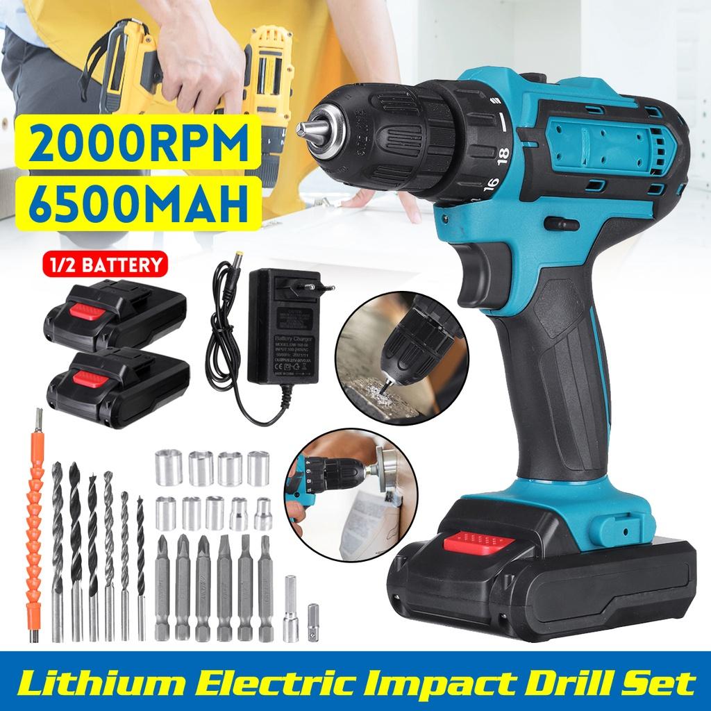 21V Cordless Electric Impact Drill Screwdriver 3 Functions Power Tools Lithium Battery Hand Drill with Box + Drill Bit Set