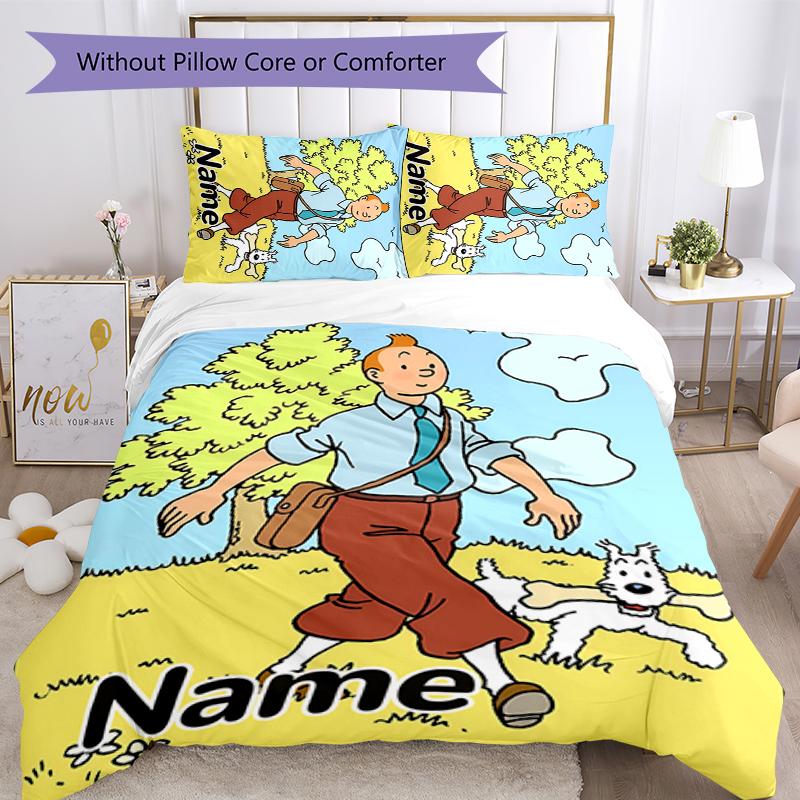 3pcs Custom Name The Adventures of Tintin Bedding Set Duvet Cover Closure Includes 1 Duvet Cover & 2 Pillowcases for All Seasons Bedroom Decor