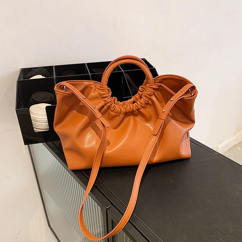 Vintage Stylish Casual Tote Bags for Women Soft Leather Round Handle Pleated Designer Handbags Oversized Shoulder Shopper