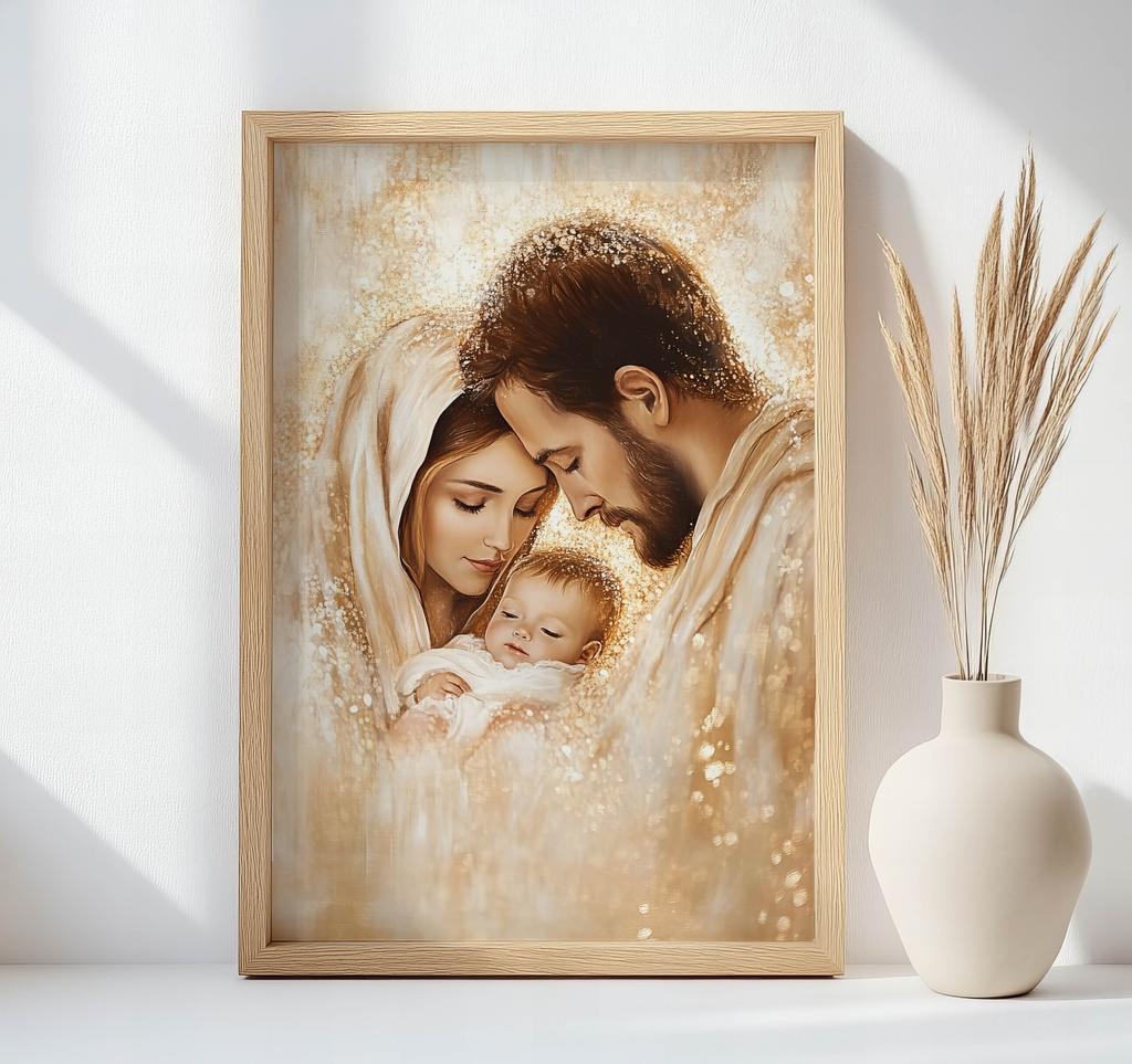 Poster Holy Family In Golden Glow Poster Holy Family In Golden Glow, 50X70 Cm, Gold Aluminum Frame, 230 Gsm Matte Paper