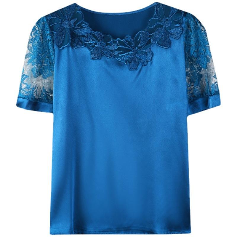 Lace Top Short-sleeved Women's Summer Satin New Versatile Silk Base Shirt Mulberry Silk Loose Shirt