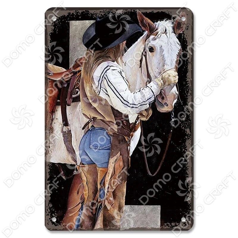 Cowgirl Tin Sign Metal Plaque Cowboy Boots Pony Metal Poster Vintage Wall Decor for Horse Riding Club Garden Home
