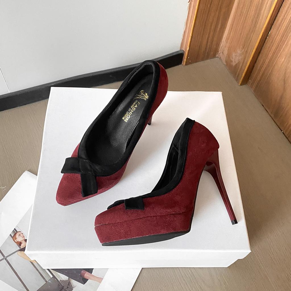 New Style Fashion Women's Popular Platform Super High Heels Women's Bow Small Pointed Toe Stiletto Single Shoes Zapatos Mujer