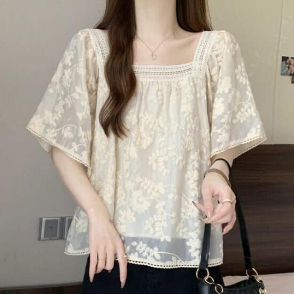 Navava Women Lovely Lace Square Neck Short Sleeve Blouse Nb2693