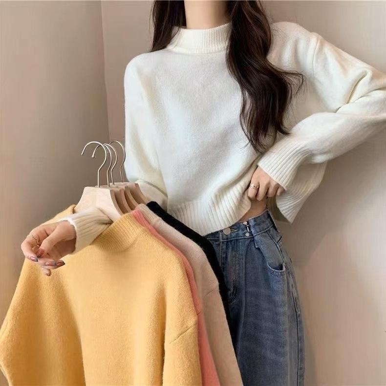 Solid Color Women's Petite Cropped Sweater - Autumn Winter Half-High Neck Knit Pullover