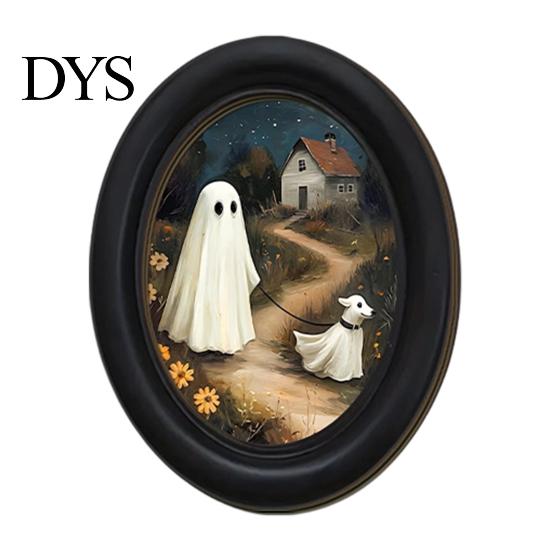 Oval Wood Picture Frame Halloween Gothic Wooden Hanging Plaque, Vintage Black Cat Ghost Wall Sweet Cool Sign Sign, Retro Waterproof Decorative Art for