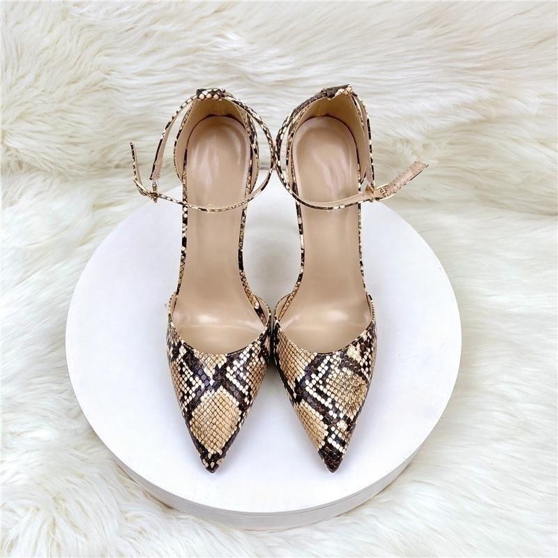 New Sexy Snake Pattern 12cm 10cm 8cm Thin High Heel Pointed Side Opening with Dating Women's High Heel Baotou Hollow Out Sandals