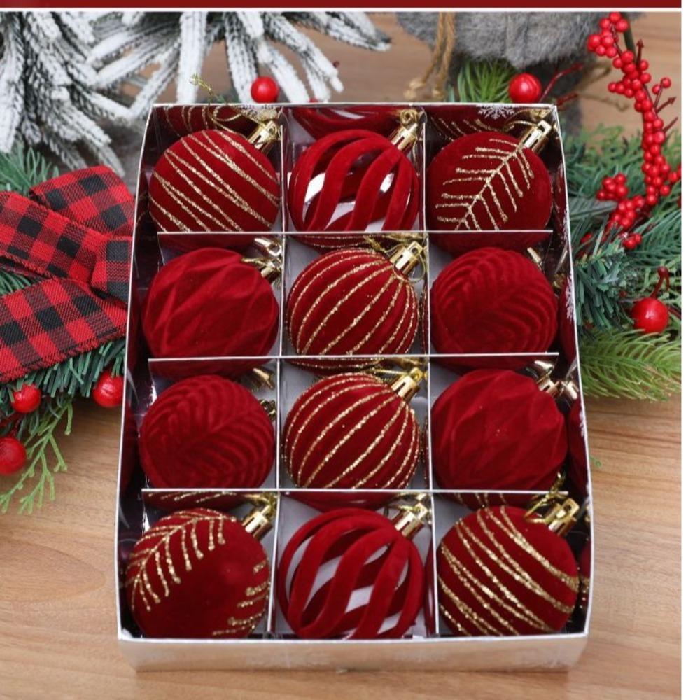 12pcs/Box Velvet Ball Christmas Tree Ornament Plastic New Year Christmas Gifts Boxes Pendant Hanging Ornament Pendant