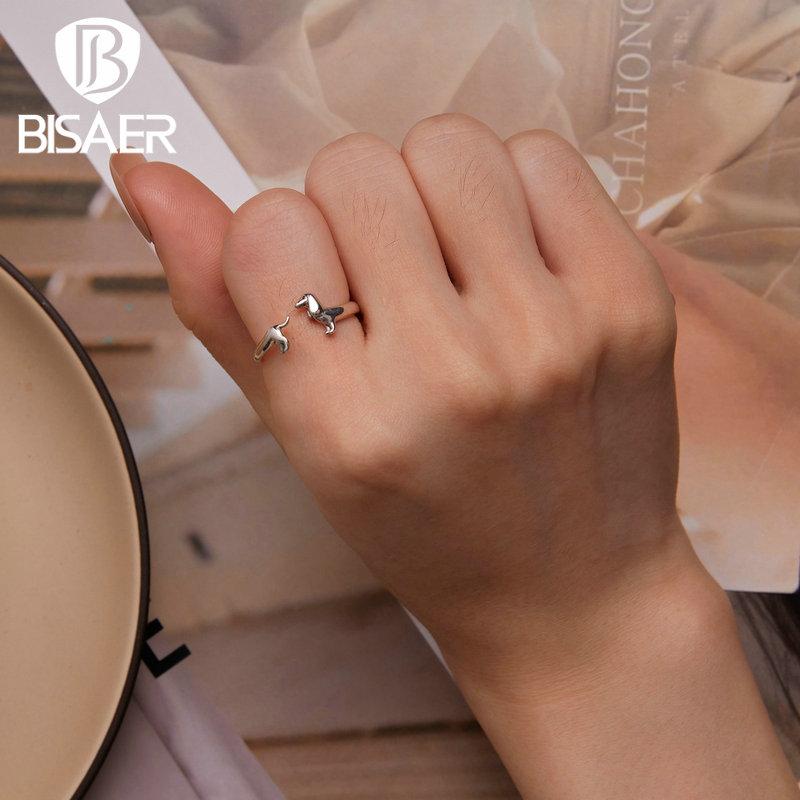 Bisaer Простое открывающееся кольцо из стерлингового серебра 925 пробы для таксы для женщин, милые модные кольца