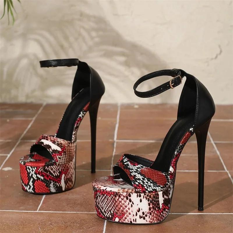 Eilyken Sexy Snake Print Platform High Heels Women Peep Toe Ankle Strap Buckle Stiletto Sandals Party Club Stripper Shoes Summer