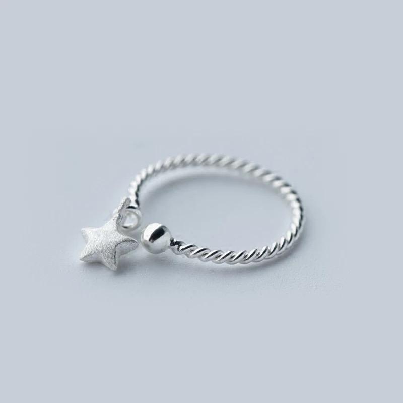 Genuine Silver Color Minimalist Geometric Pendant Star Round Opening Ring For Women Cute Party Fine Jewelry Gift