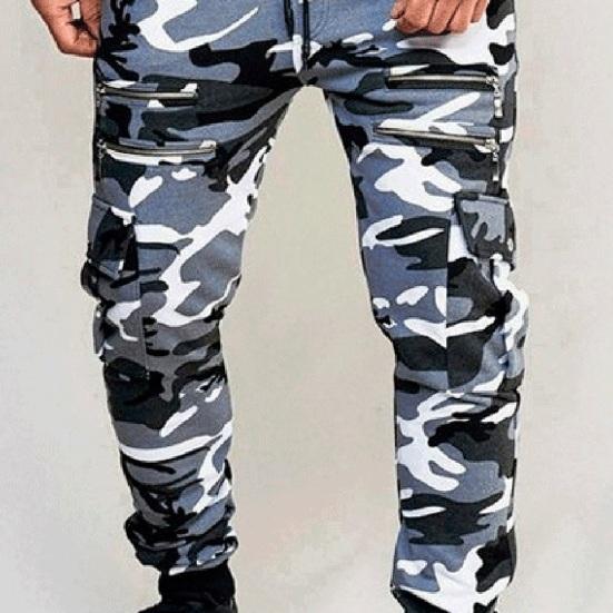 Men Cargo Pants Drawstring Elastic Waist Camouflage Print Multi Zippered Pockets Ankle-banded Slim Fit Casual Daily Wear