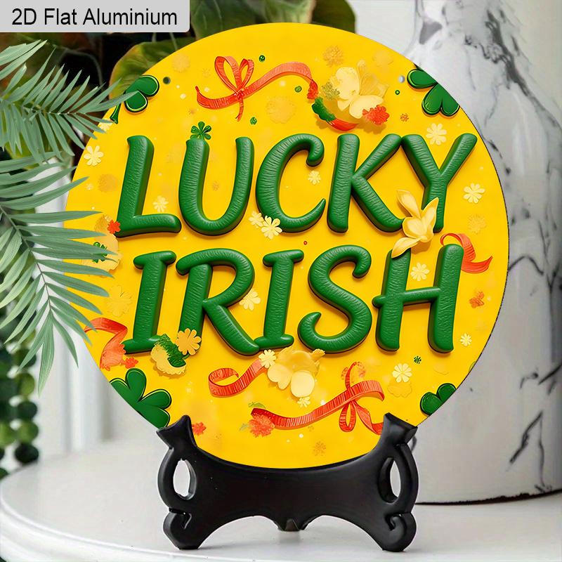 2D Flat Aluminum St. Patrick's Day Lucky Irish Round Aluminum Sign, Metal Hanging Plaque with Shamrock & Ribbon Design, Yellow and Green Irish Themed