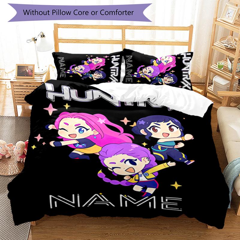 3pcs Custom Name Cartoon Kpop Demon Hunters Bedding Set Duvet Cover Closure Includes 1 Duvet Cover & 2 Pillowcases for All Seasons Bedroom Decor