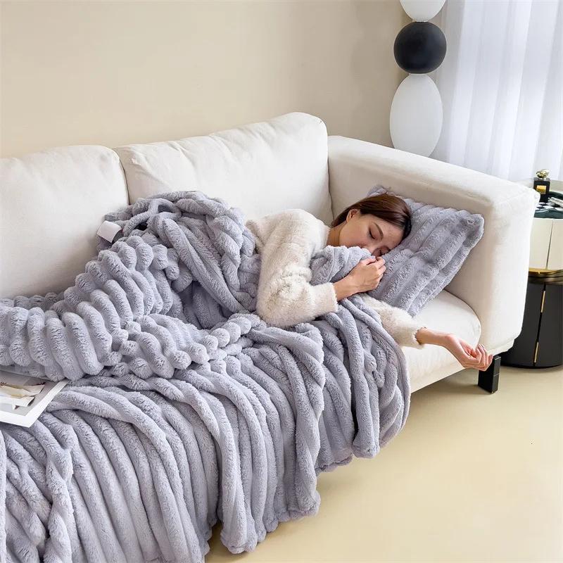 New Imitation Rabbit Plush Warm Blanket Set Or Only Blankets For Autumn Winter Soft Fluffy Warmth Lounger Sofa Throw Blankets