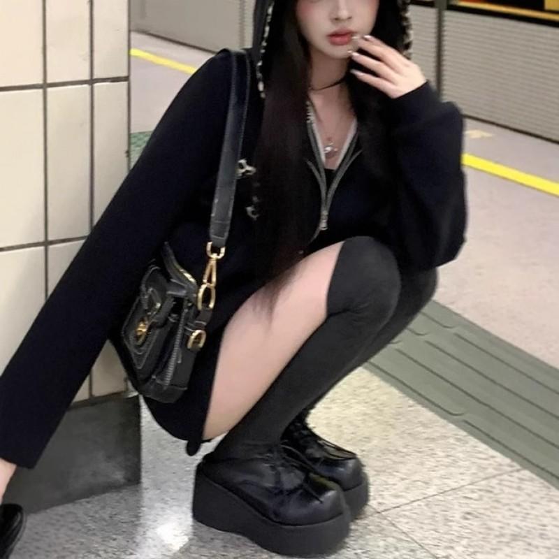 Dark Gothic American Vintage Hoodie Cross Leopard Print Zip Up Sweatshirt Women Streetwear