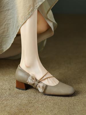 2025 Весна и Осень Туфли Мэри Джейн с бантом Женские Туфли Круглый Носок Толстый Каблук Темперамент Легкий Вырез Ципао Одинарные Туфли Женские