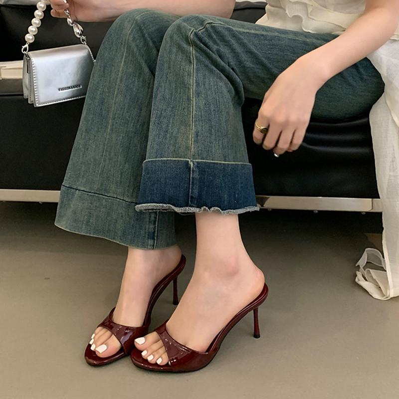 Летние кожаные женские тапочки, сандалии, круглый открытый носок, тонкие высокие каблуки, мюли, шлепанцы, летние туфли для вечеринок