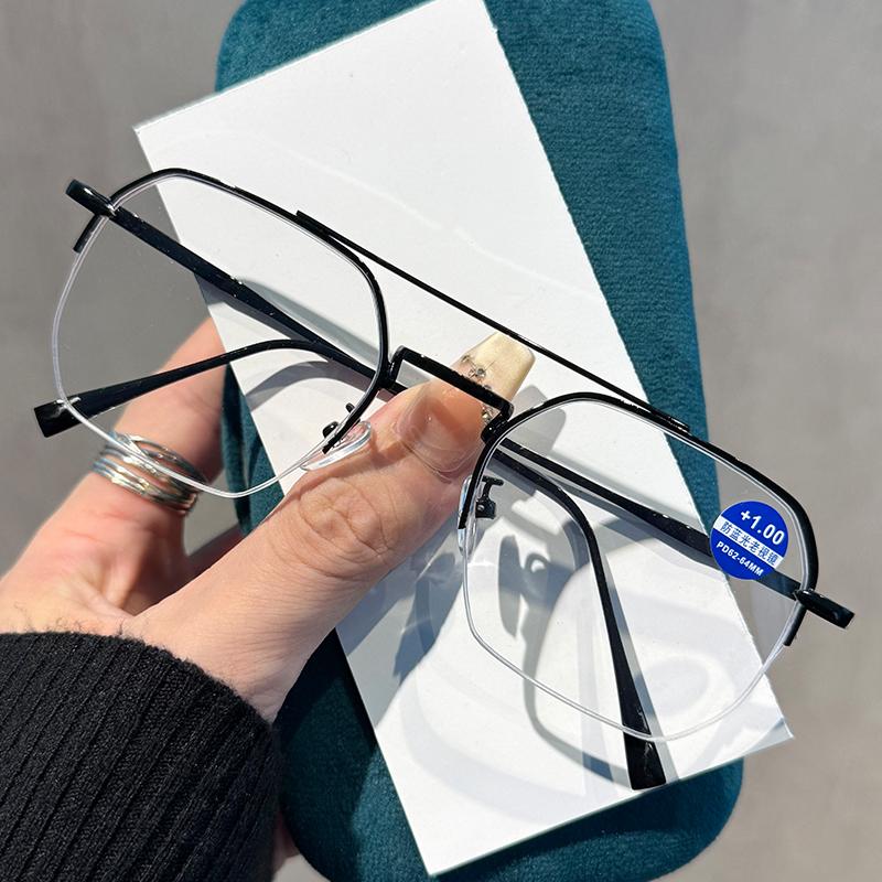 Retro Double-Bridge Square-Frame Presbyopia Glasses Stylish Metal Half-Frame Blue Light Blocking Reading Glasses Men Goggles