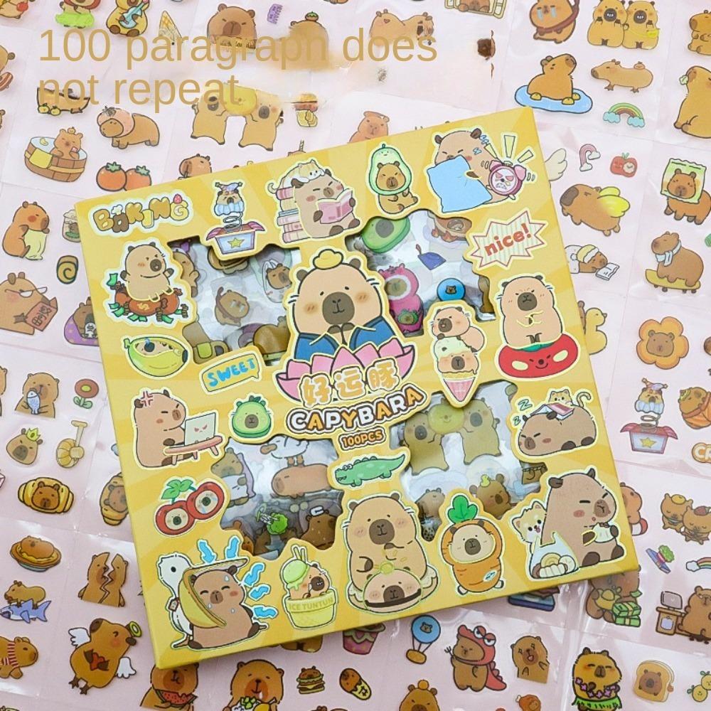 100PCS DIY Children Sticker Cartoon Capybara Hand Ledger Sticker Cute Water Cup Decal Birthday Gift
