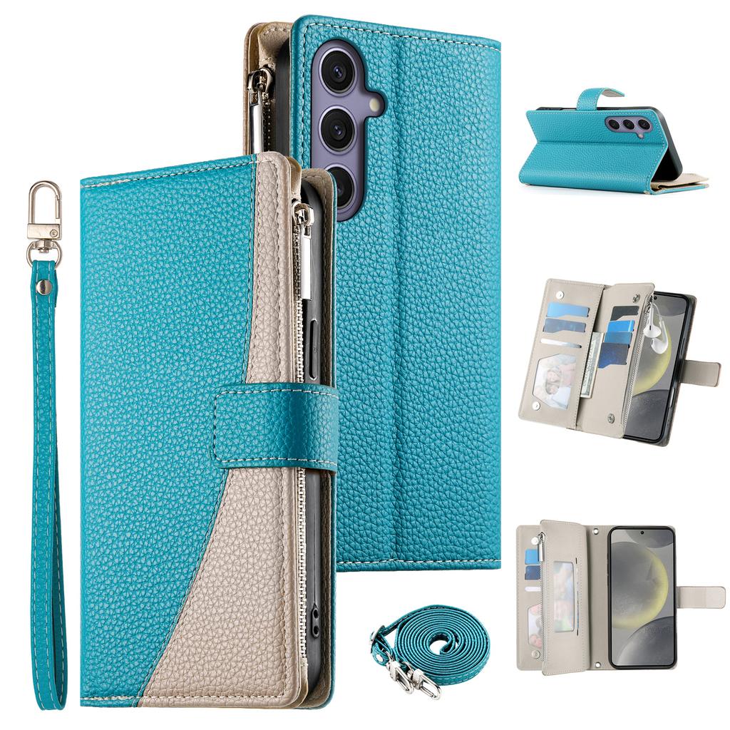 For Samsung Galaxy S25+/S24+ Case Zipper Wallet Color Splicing Leather Flip Phone Cover with Straps