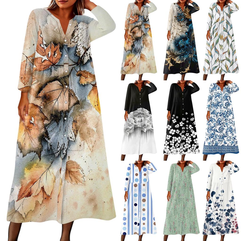 Women's Fashionable Printed Round Neck Seven Quarter Sleeve Button Loose Shirt Dress