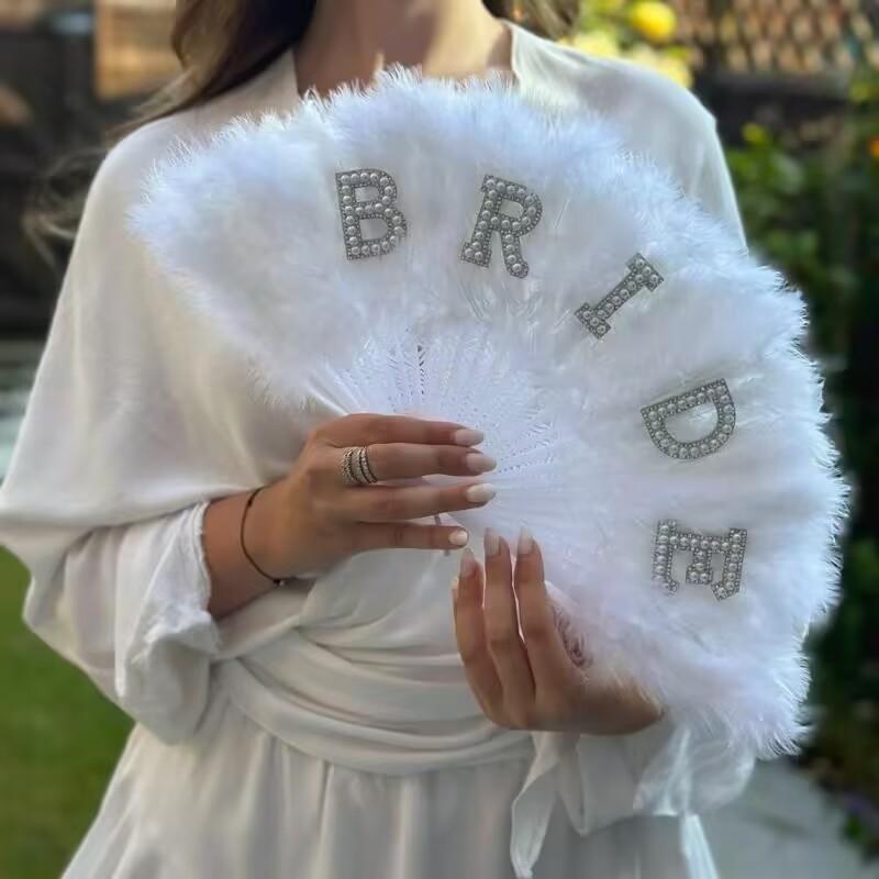 Bridal Accessories, Pearls, English Letters, Bride,White, Feather Folding Fan, Bachelor Party, Bride's Wedding Gift