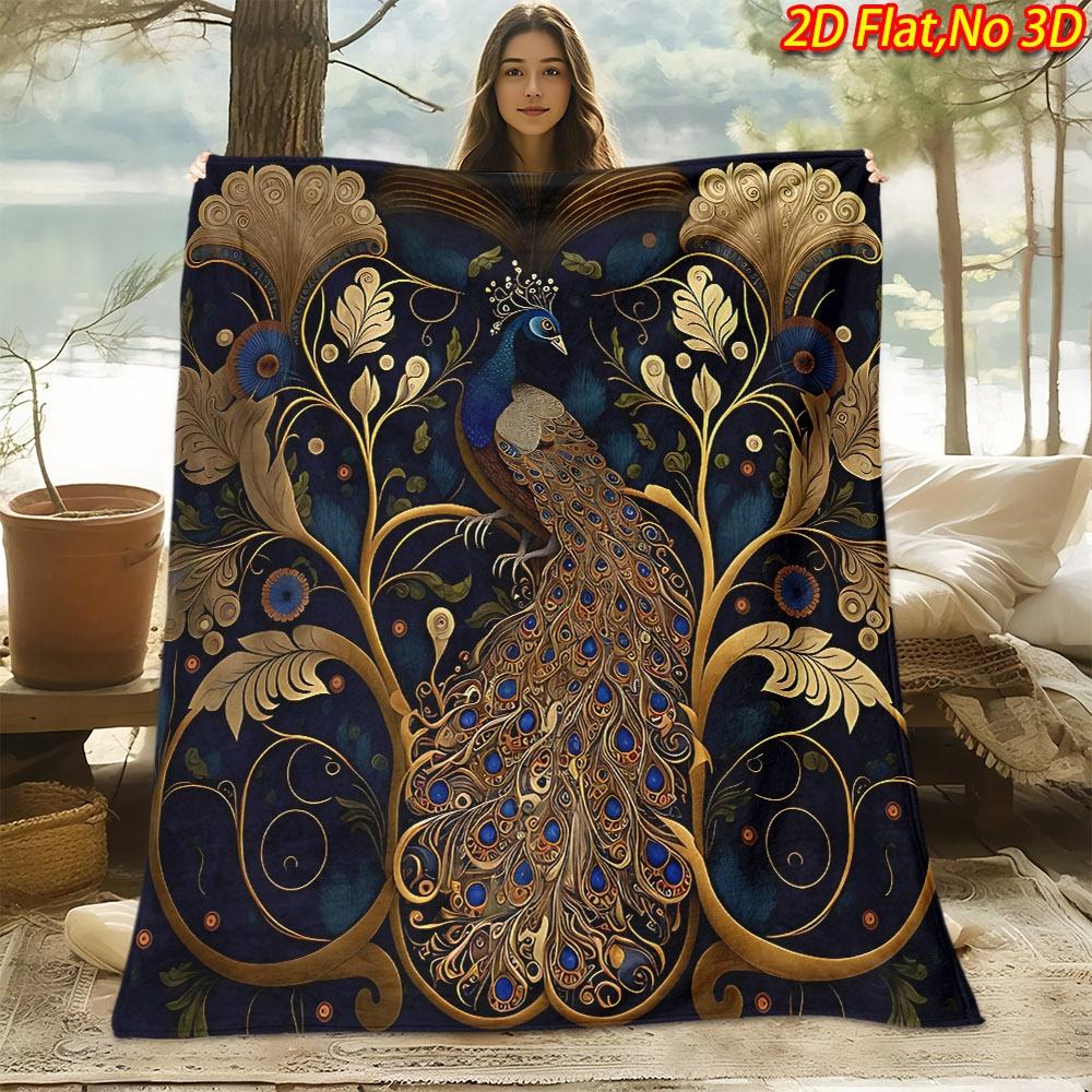 1pc 2D Flat Printing Spring & Summer New Arrival Gorgeous Peacock Golden Pattern Themed Digital Print Blanket, Suitable for All Seasons, Casual Throw