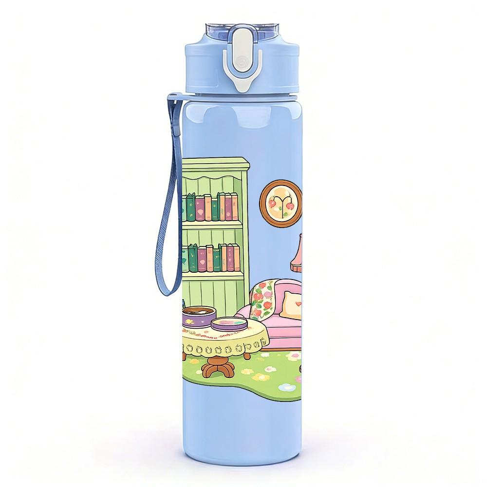 1PC Book Lamp House Dreamy Scene Print 750ml Color Plastic Sports Water Bottle Leakproof Flip Straw Lid Suitable for Sports Office Home Use