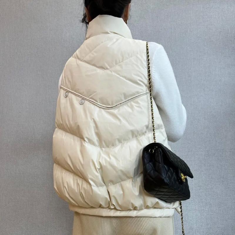 Женский легкий свободный термокуртка без рукавов на белом утином пуху, жилет, универсальный шикарный жилет с карманом и воротником-стойкой