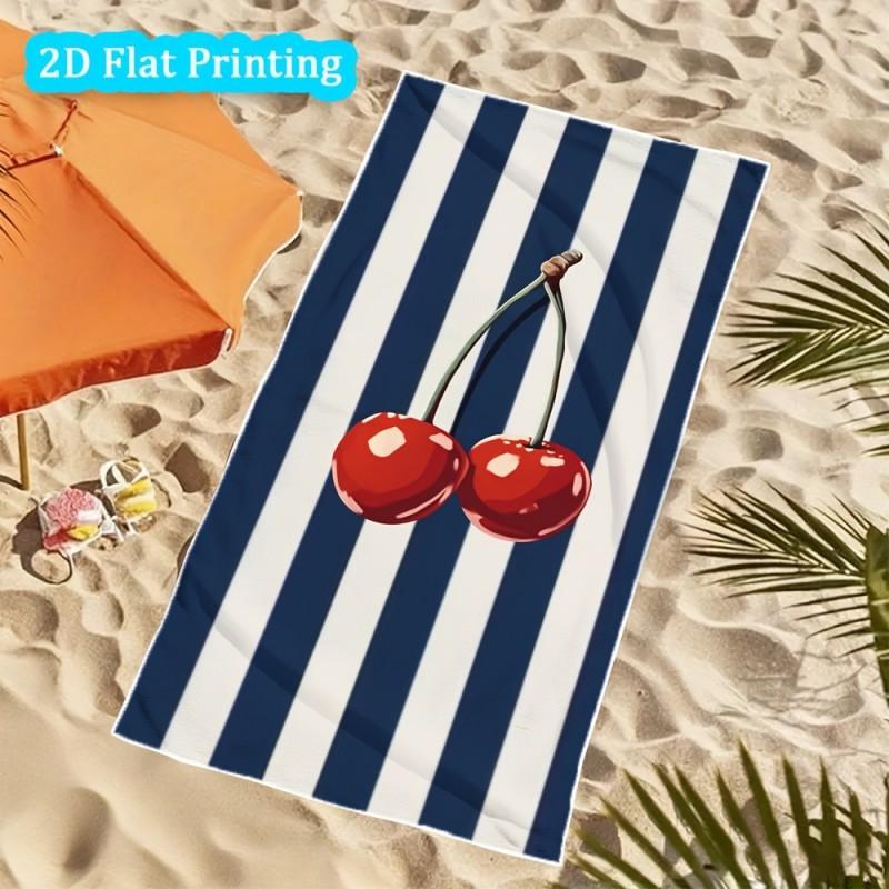 Navy White Stripe Cherry Fruit Pattern Beach Towel For Vacation Beach Sunbathing Poolside Daily Quick Dry Towel
