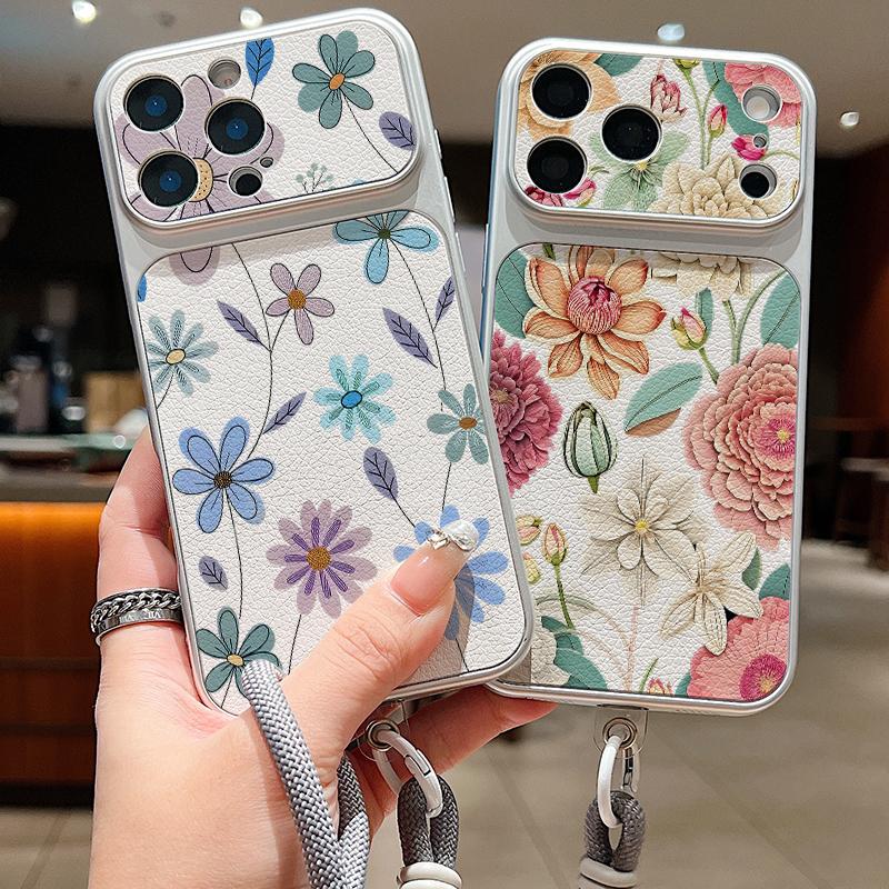 Кожаный чехол-шнурок с принтом акварельных цветов для iPhone 18 Pro Max Гибридный ТПУ+ПУ Противоскользящая мягкая крышка для iPhone 17 16 15 14 13 Pro Max