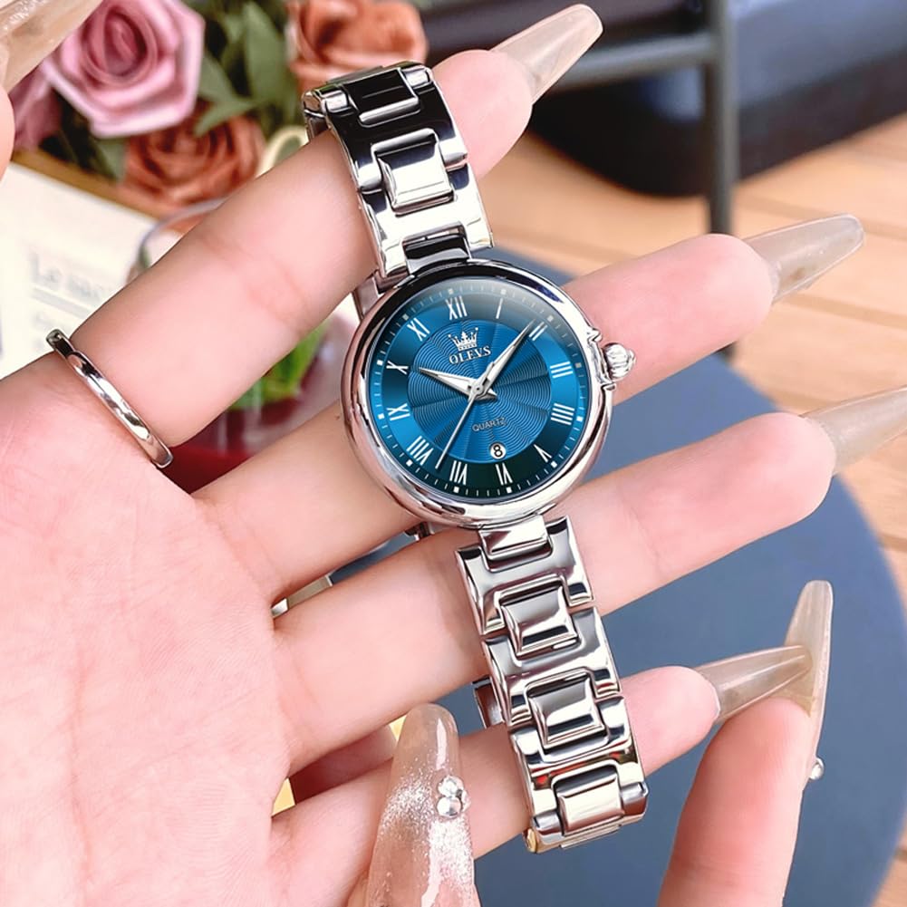 Часы OLEVS, кварцевые, милые, легкие, из нержавеющей стали, водонепроницаемые, светящиеся, настоящие, женские, синие, женские