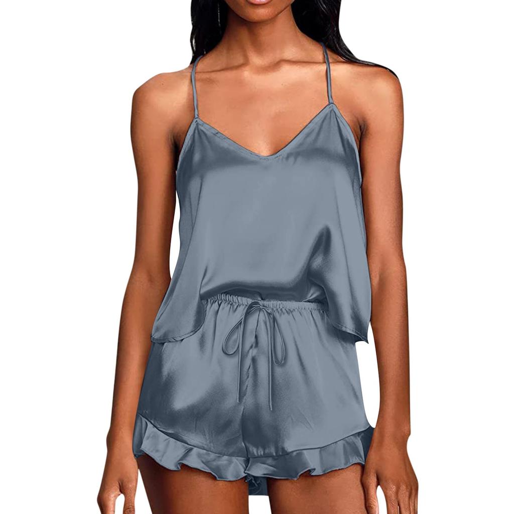 Пижама для женщин комплект из атласа 2 предмета шелковый топ и шорты повседневная мода с оборками мягкая одежда для сна