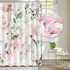 Шторка для душа с цветущими ярко-розовыми и белыми розами, акварельными листьями и цветочным декором для ванной комнаты с крючками
