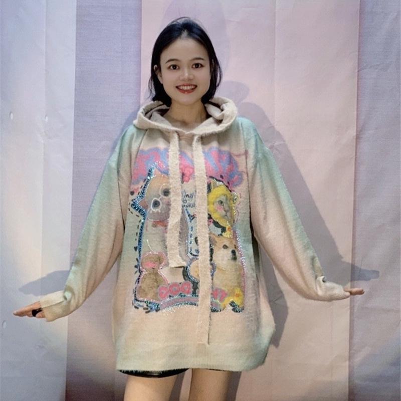 Women's Autumn/Winter Thick Knit Sweater: Fashionable Printed Long Sleeve Mink Hair Top