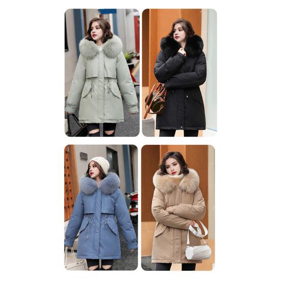 Зимнее пуховое пальто с утолщенным стеганым плюшевым капюшоном, средней длины, ветрозащитными карманами, длинными рукавами, регулируемым шнурком, повседневная верхняя одежда из хлопка, куртка