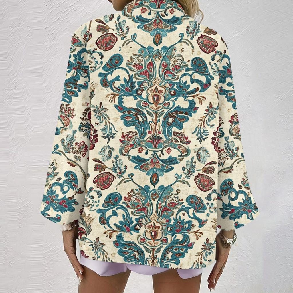 Women's Fashionable And Casual Shirt Long Sleeve V-neck Button Printed Blouse Top