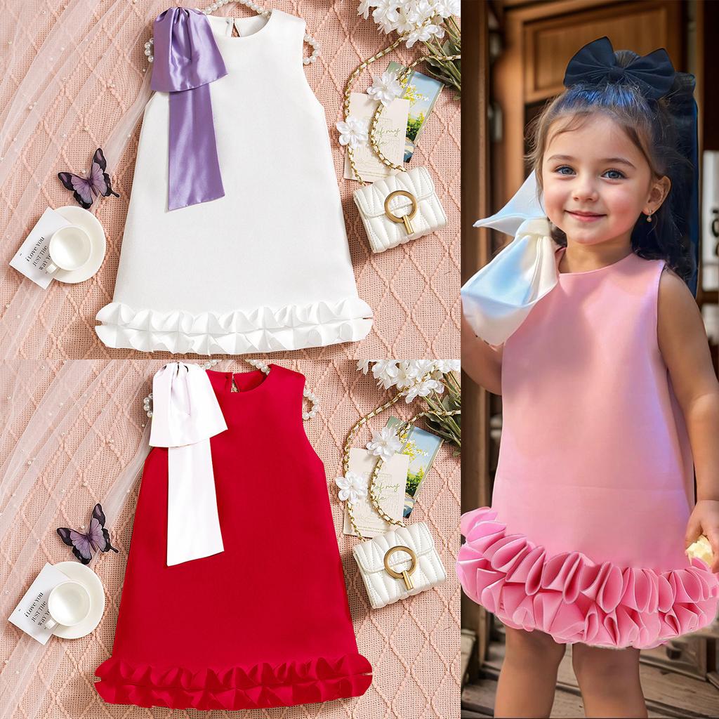 Girls Fashion Dress Summer Children's Round Neck Bow Solid Color Princess Dress