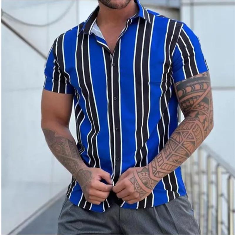 New Men's Shirts Fashion Stripes Print Short-sleeved Tees Summer Tops Men Turn-down Collar Button Casual T-shirt Clothing