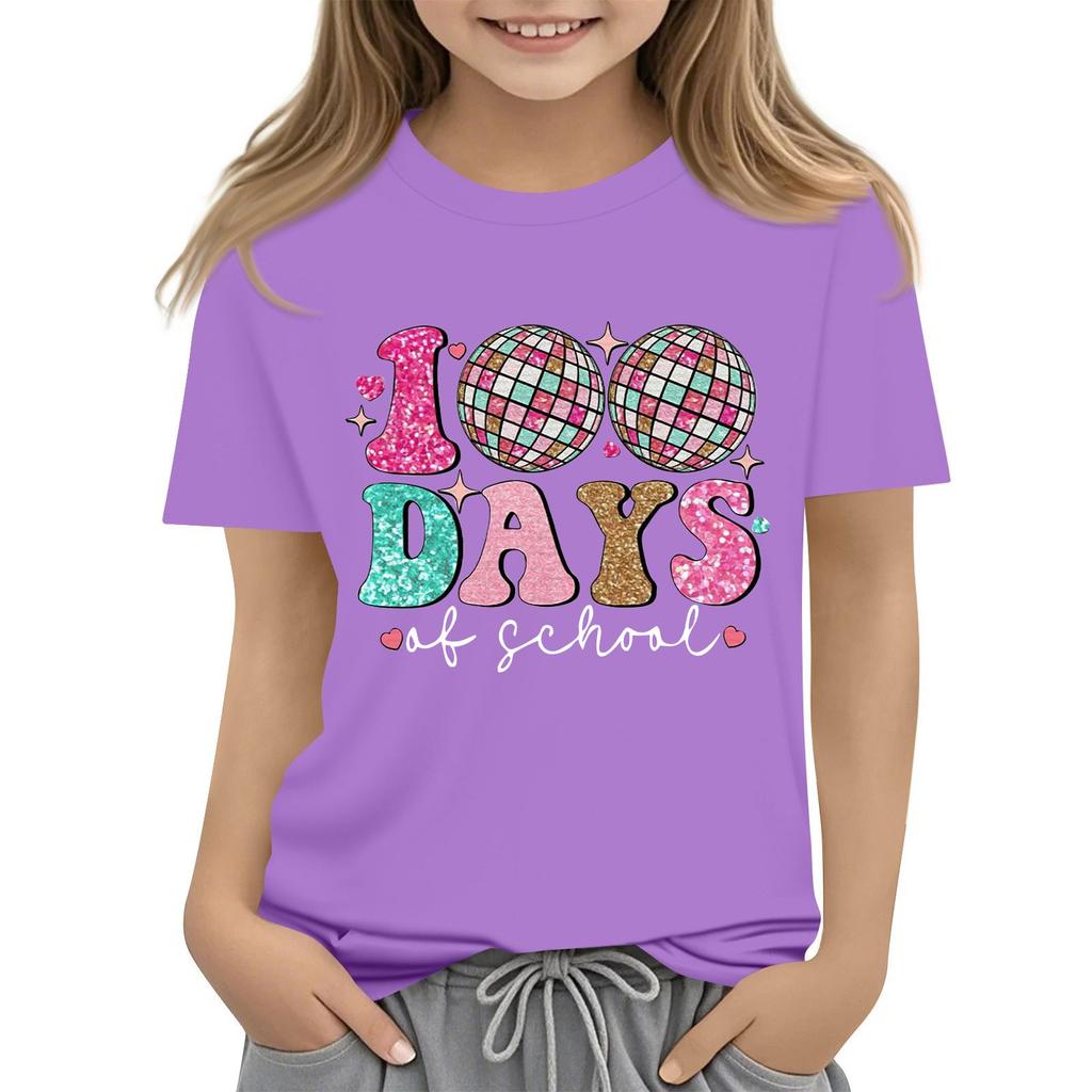 Happy 100th Day Of School Girls Boys Short Sleeve T Shirts Kids Tops Crewneck Tees