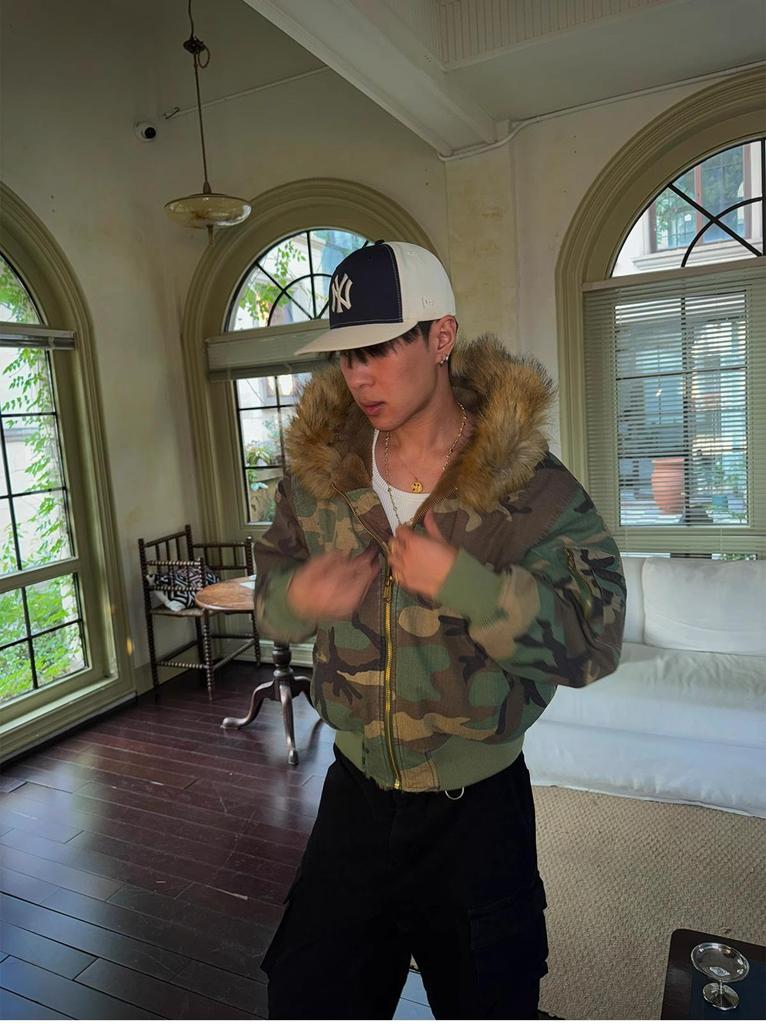 Men's Reversible Thickened Imitation Rabbit Fur & Camouflage Jacket with Eagle Fur Collar - Stylish Winter Padded Coat