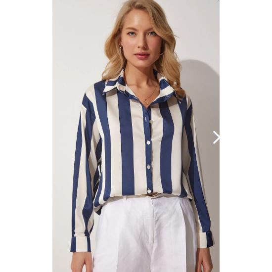 Women's Navy Blue Cream Striped Satin Shirt