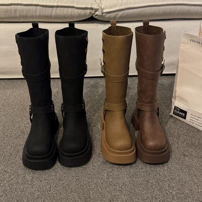 [Fanfna] Ретро платформа ботинки для женской осени 2025 новые цвет Майяр высотные и стройнящие рыцарские ботинки