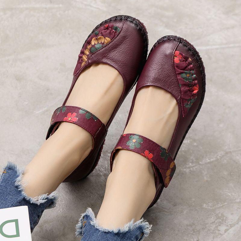 Genuine Leather Mary Jane Shoes Women Ballet Flats Vintage Mom Shoes Big Size 42 Woman Spring Strappy Loafer Driving Shoes Elder