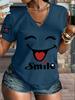 Smiley face print V-neck T-shirt cute design highlights fashionable versatile models