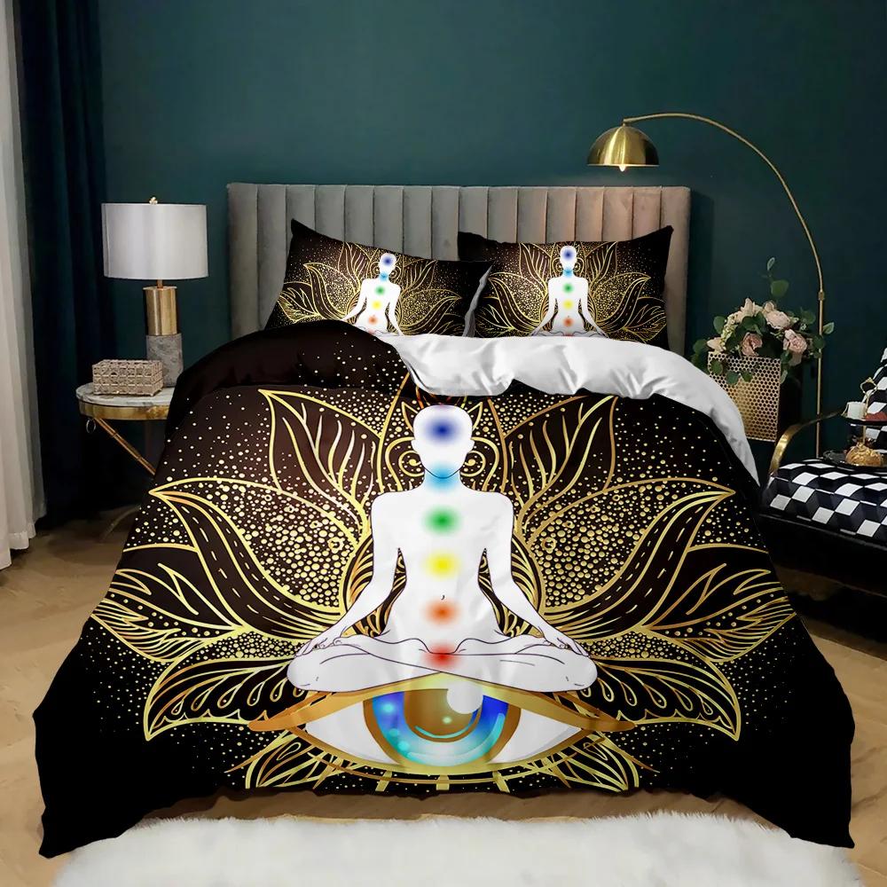 Комплект постельного белья с изображением Будды, индийское искусство, богема, мандала, дзен, тематический комплект постельного белья, медитация, буддийский лотос, цветочный полиэстер, одеяло