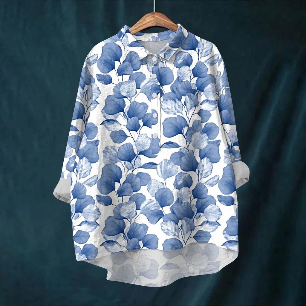 Женская рубашка-блузка с длинными рукавами и принтом на пуговицах, повседневный подол, нестандартный воротник рубашки
