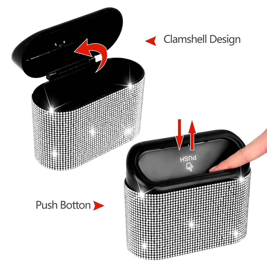 NBTEPEM Bling Car Trash Can With Lid, Mini Auto Garbage Can With 30 Trash Bags, Leakproof Automotive Garbage Container Bin, Bling Car Accessories